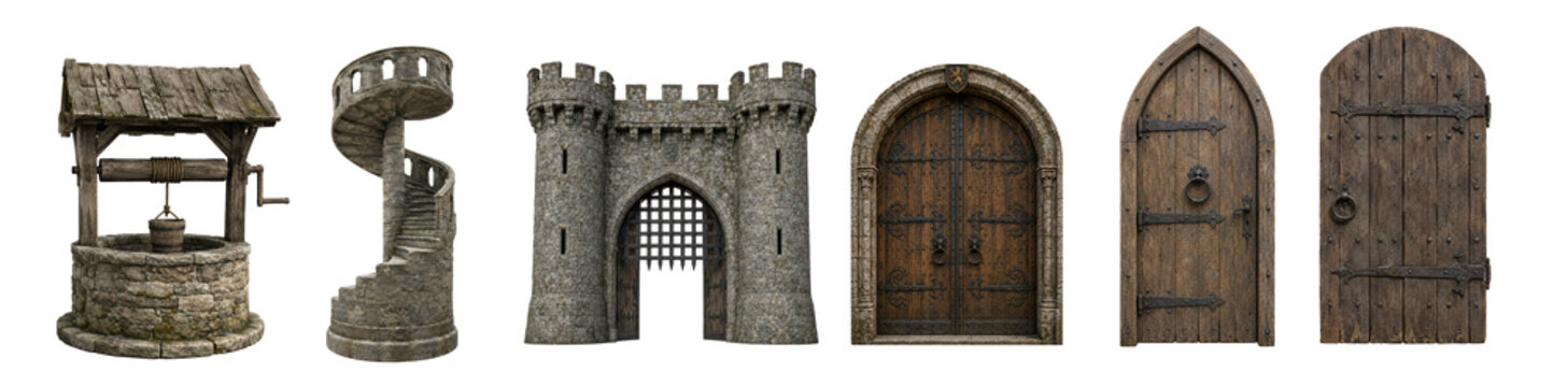 Medieval well, castle gate, stone staircase and wooden doors collection