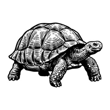 Detailed black and white ink of a tortoise, vintage style of a turtle with a patterned shell on white background