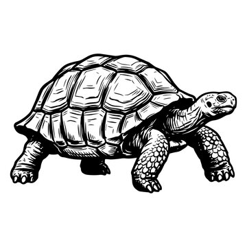 Detailed black and white ink of a tortoise, vintage style of a turtle with a patterned shell on white background