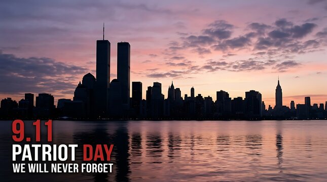 Twin towers of Manhattan skyline at dusk with patriotic 9 11 patriot day remembrance text we will never forget message commemorating September 11th tragedy.