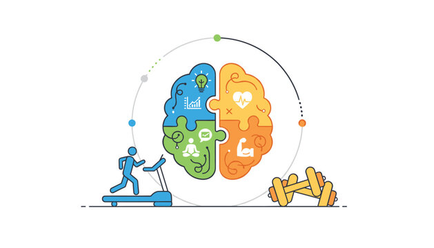 Mental and physical health concept showing brain puzzle quadrants for intelligence, fitness, and meditation.