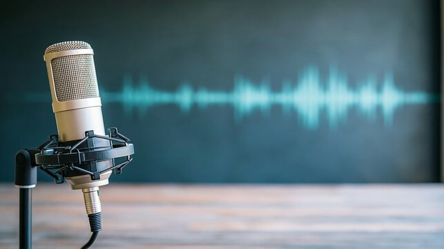Studio condenser microphone capturing sound waves for podcasting and broadcasting, creating audio content