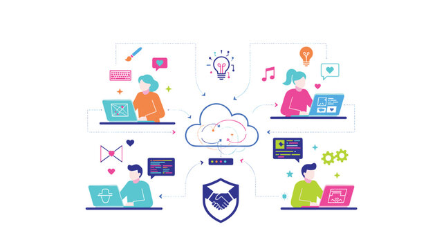 Collaborative cloud computing system showing four remote employees working on digital tasks under secure network shield.