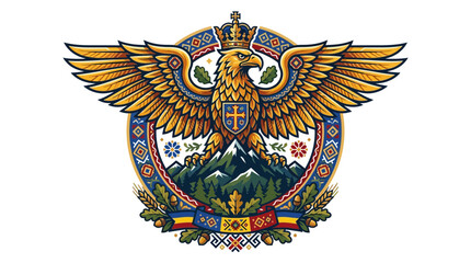 Fototapeta premium Ornate Eagle Emblem with Mountain and Shield.