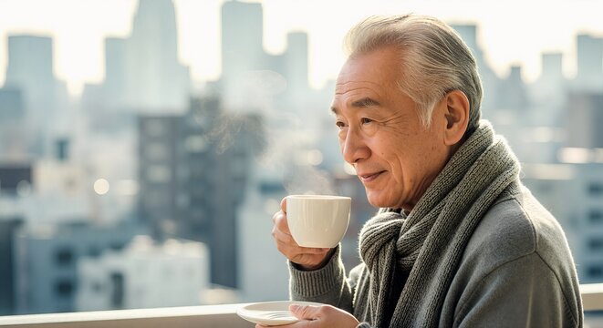 Senior Asian man relaxing on a balcony with a hot cup of coffee. Elderly gentleman enjoying his morning drink with a city view. Retirement lifestyle concept with copy space