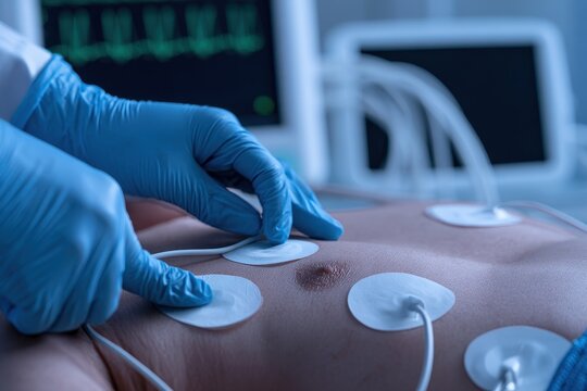 A healthcare worker in blue gloves places electrocardiogram electrodes on a patient. This highlights advanced heart rate diagnostic procedures in a clinic.
