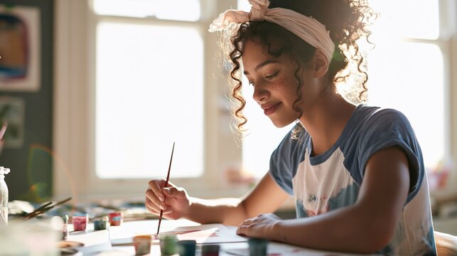 Young woman enjoying painting at home, concentrating on her artwork with watercolors in bright studio