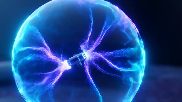 Macro Plasma Globe with Cyan and Violet Electrical Arcs on Dark Surface for Futuristic Background