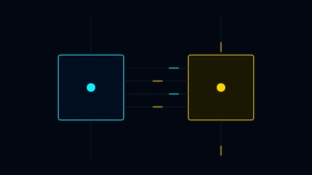 Abstract digital connection interface with blue and yellow data nodes and linking network lines animation 4k