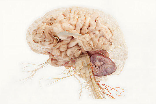 Human brain anatomy illustration with cerebellum and brainstem on white background neuroscience