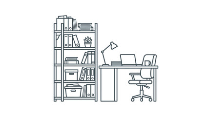 Fototapeta premium A hand drawn sketch of a home office workspace with a desk and bookshelf.