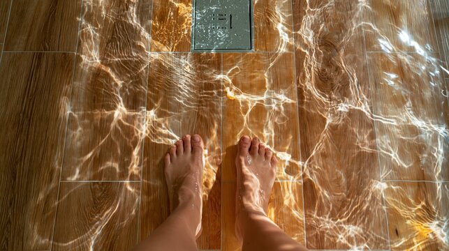 Bare feet standing in warm shallow water on a wood patterned tiled floor with sunlight creating shimmering reflections