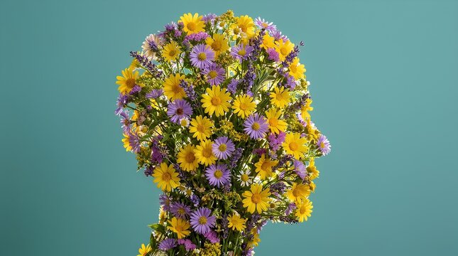 Human head profile made of colorful flowers for mental health concept.