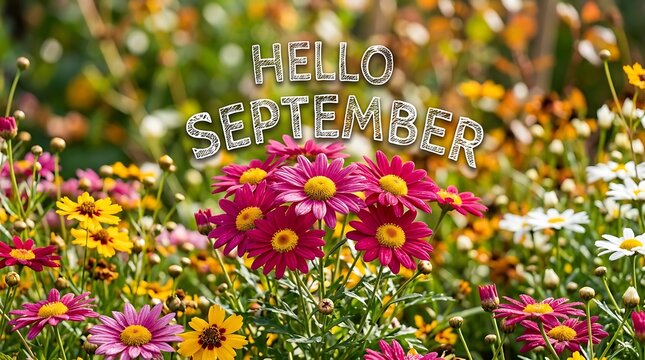 Hello september text with beautiful pink and yellow daisies blooming in a garden, perfect for a cheerful floral greeting for late summer and early autumn celebrations and events.