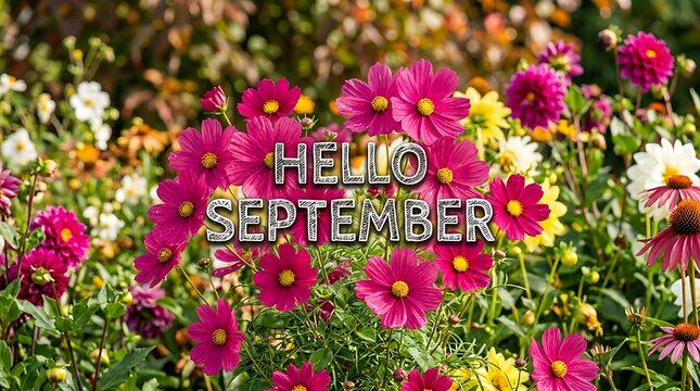 Hello september text with vibrant pink cosmos flowers, a beautiful floral greeting for late summer and early autumn, suitable for invitations, cards, and seasonal decorations.