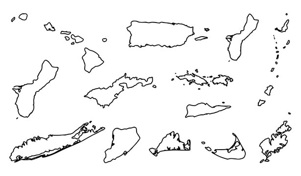 Hawaii islands map outline vector, Hawaiian island group black line cartographic illustration