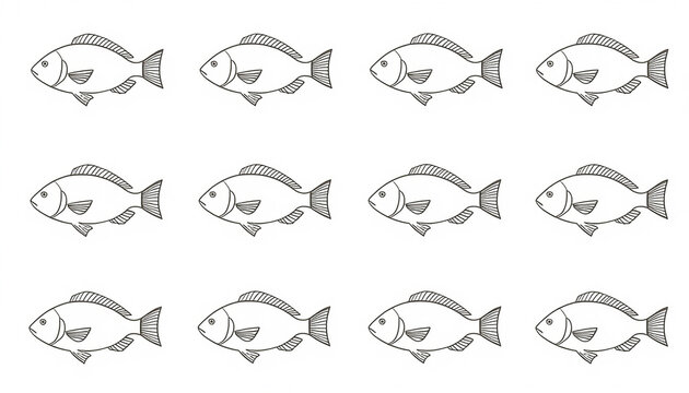 Clean collection of twelve unique fish illustrations drawn with simple continuous black line art on a minimal background.