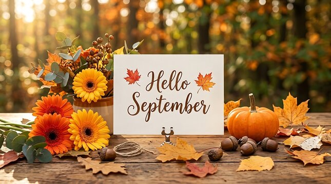 Hello september greeting sign on wooden table surrounded by autumn flowers pumpkin acorns and fall leaves in warm sunlight for seasonal decor and invitations.