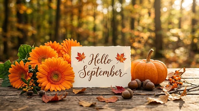 Hello september greeting sign on wooden table surrounded by autumn flowers pumpkin acorns and fall leaves in warm sunlight for seasonal decor and invitations.