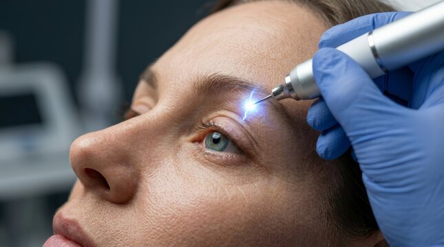 Skin tightening facial procedure using a plasma pen device near the eye.