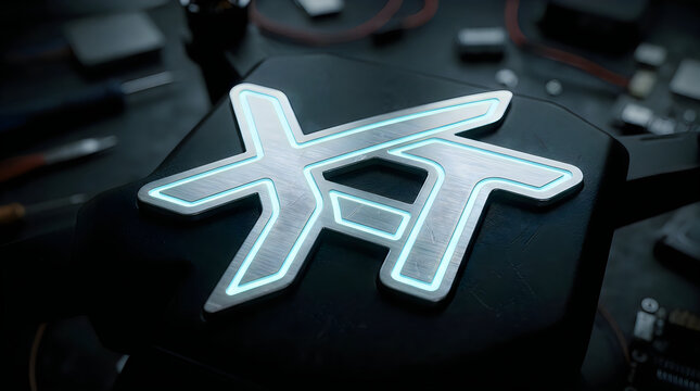 Futuristic glowing logo on hardware component, neon blue illuminated emblem, high-tech electronic device close-up, gaming hardware aesthetic Halloween