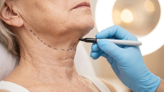 Preoperative platysmaplasty planning as a surgeon marks the neck of a senior patient.