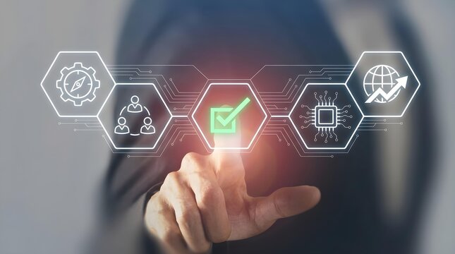 Businessman touching digital interface with glowing checkmark icon representing quality assurance, process control, workflow optimization, and modern corporate technology solutions integration