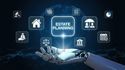 Naklejka premium Robotic hand presenting a glowing estate planning interface with for law, finance, real estate, and family protection on a dark background