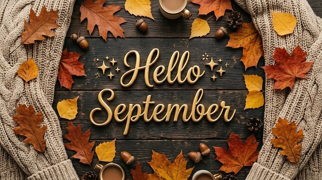 cozy knitted sweater frame with warm autumn leaves and acorns surrounding text hello september on rustic dark wooden background top view holiday greeting and seasonal decoration.