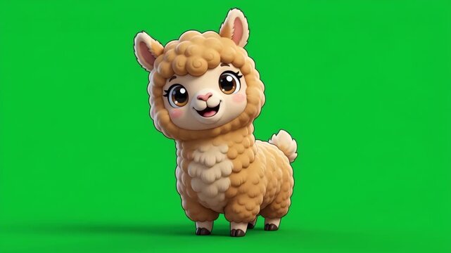 Cute cartoon baby alpaca with big eyes on a green screen background, looking adorable and friendly.