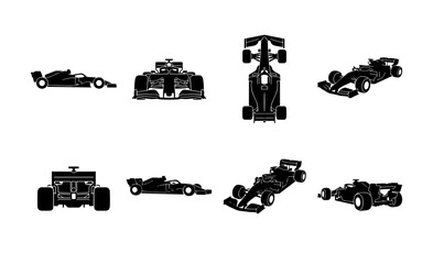 Fototapeta premium Formula 1 Race Car Icons, Speeding Vehicle Silhouettes, Motorsport Vector Graphics, Automotive Design Elements