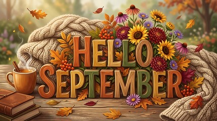 Naklejka premium hello september text framed by autumn leaves pumpkins and lights with acorns and cozy knitted sweater border on rustic wooden background seasonal fall celebration greeting.