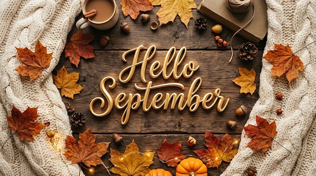 hello september text framed by autumn leaves pumpkins and lights with acorns and cozy knitted sweater border on rustic wooden background seasonal fall celebration greeting.