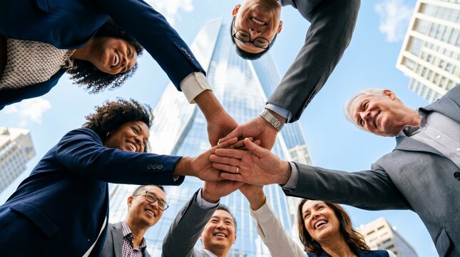 Unity in business through a diverse team of colleagues joining hands in a circle against a skyscraper backdrop.