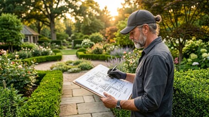 Fototapeta premium Professional landscaper at work studying garden blueprints amidst beautiful garden landscaping.
