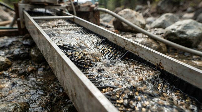A close up shot of a metallic sluice box submerged in a rocky creek with water flowing over black ribbed mats trapping small gold particles and mineral fragments.