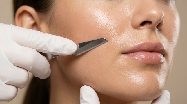 Esthetician performing dermaplaning exfoliation on a woman's face.