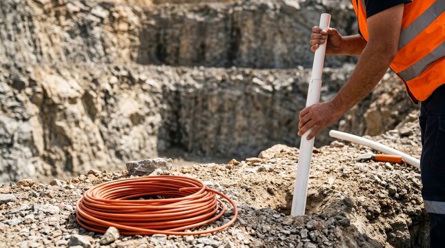 Professional preparing a blasting hole for explosives in a mining quarry.