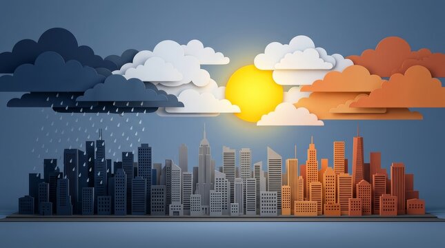 Cityscape weather change transitioning from stormy dark clouds to a bright sunny day.