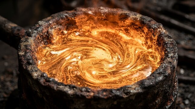 High angle close up view of molten gold metal swirling within a dark textured cast iron industrial smelting crucible, emitting intense orange light and glowing heat waves inside a foundry.
