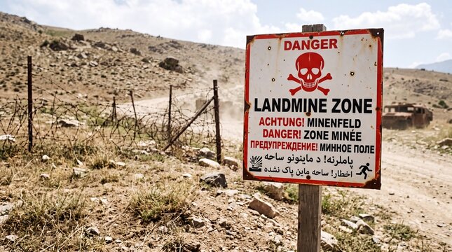 Warning sign for landmine zone on a dry, rocky terrain  