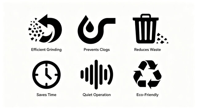 Grinding pipeline garbage bin clock cycle icon, representing anti blocking, noise reduction, time-saving and environmentally friendly, suitable for garbage disposal poster selling point layout.
