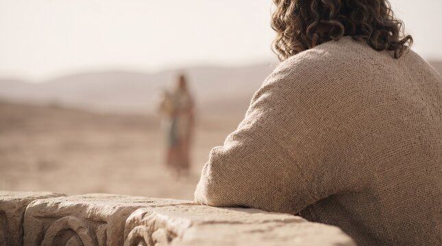 Jesus resting at a well looking at the Samaritan woman approaching with copy space left