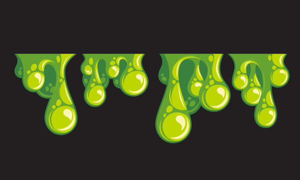 Green toxic slime drips vector set with glossy bubbles for horror Halloween frame