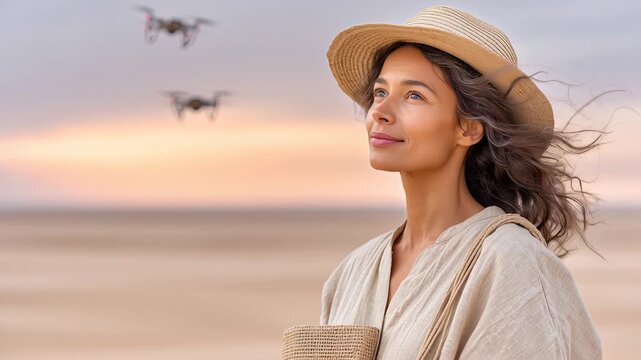 Serene woman in desert at sunrise with straw hat and flying drones in background