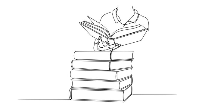 Continuous line drawing of person reading book on stack of books, isolated