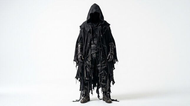 Faceless Dark Wraith in Shredded Hooded Robe Standing on White Background