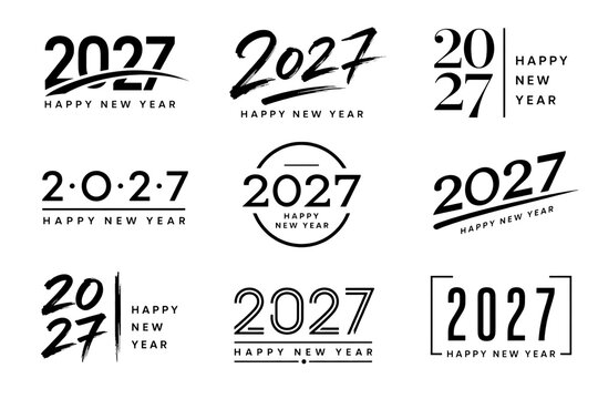 Black and white set of nine Happy New Year 2027 typography designs featuring bold, script and minimalist numerals with lines, circles, split layouts, frames and varied modern compositions on white bac