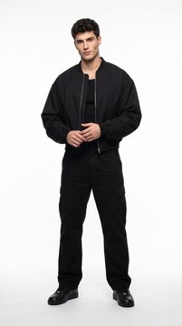 Full length portrait of handsome male model wearing black bomber jacket, black tank top, and black cargo pants isolated on white background.