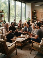 Fototapeta premium Diverse Group Of Friends Enjoying Coffee In A Bright Modern Cafe Interior